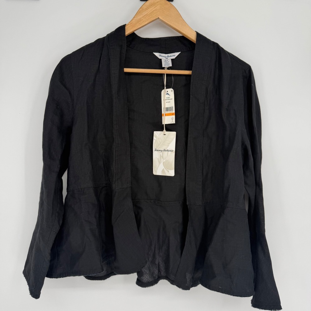 Tommy Bahama Two Palms Black Linen Open Jacket Peplum Frayed Hem Small Coastal